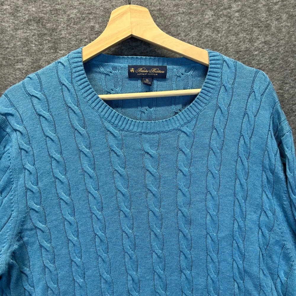 Brooks Brothers Mens XL Light Blue‎ Supima Cotton Cable Knit Crew Neck Sweater